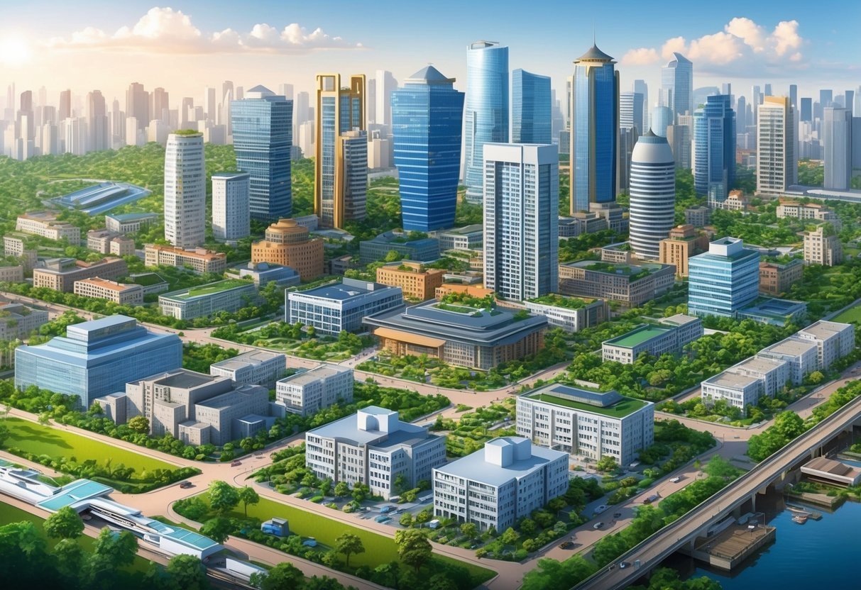 A bustling cityscape with a mix of modern and traditional architecture, surrounded by lush greenery and infrastructure development.</p><p>The scene is teeming with activity, showcasing the impact of government policies on property value in emerging markets