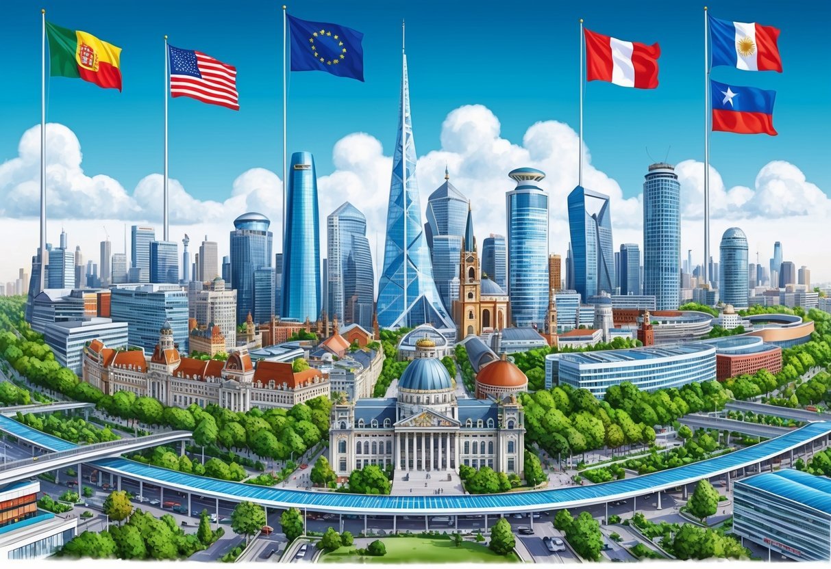 A bustling city skyline with diverse architecture, surrounded by lush greenery and modern infrastructure, with various international flags flying high