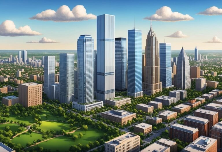 Aerial view of a city skyline with tall skyscrapers and green spaces