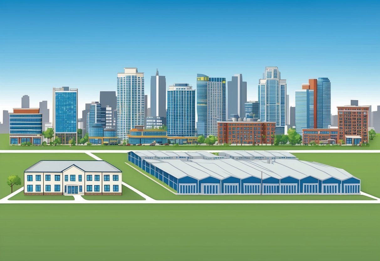 Cityscape illustration with skyscrapers, warehouses, and buildings on a green field