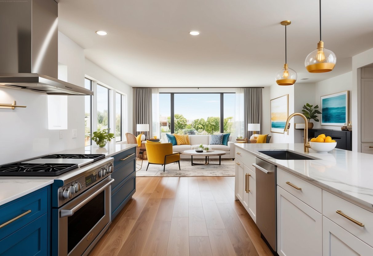 A modern kitchen with updated appliances and sleek countertops, open to a bright living area with large windows and stylish decor