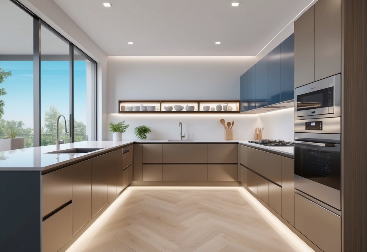 A modern kitchen with energy-efficient appliances, sleek countertops, and smart technology integrated into the design