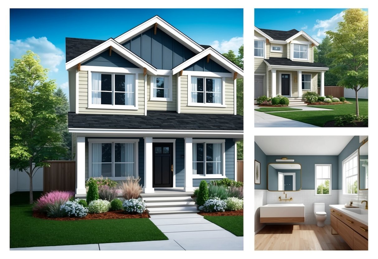 A house with modern renovations: new windows, fresh paint, updated landscaping, and a renovated kitchen and bathroom