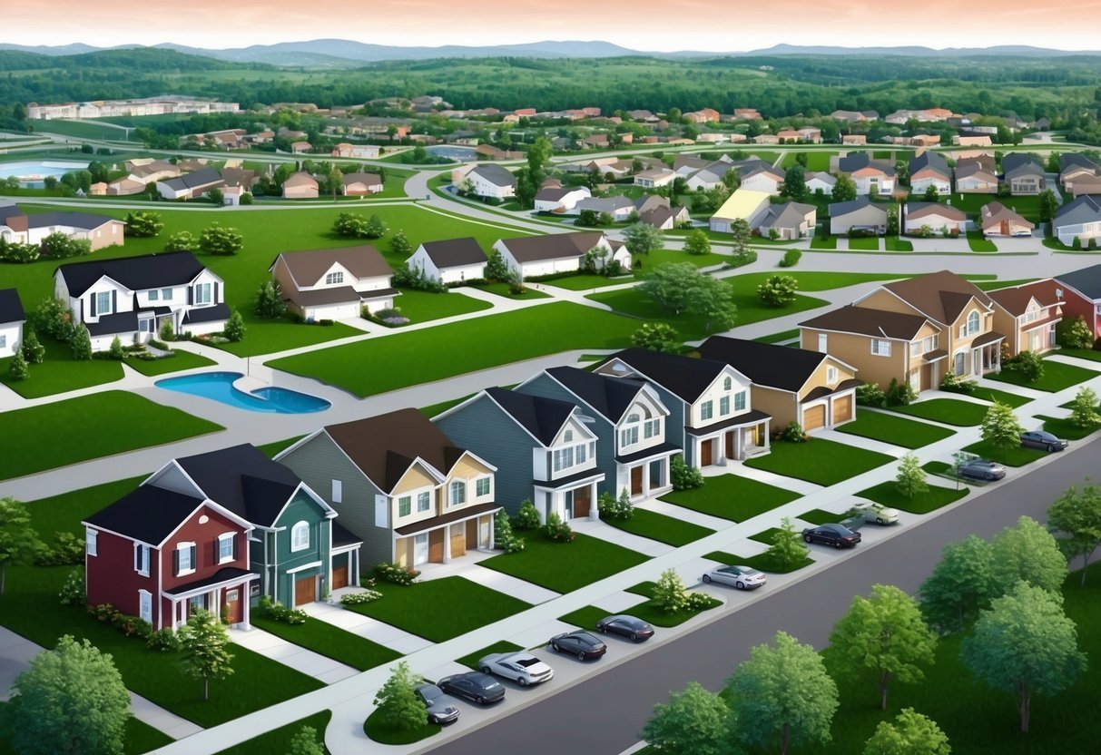 A suburban neighborhood with diverse housing styles and sizes, surrounded by greenery and located near amenities such as schools, parks, and shopping centers