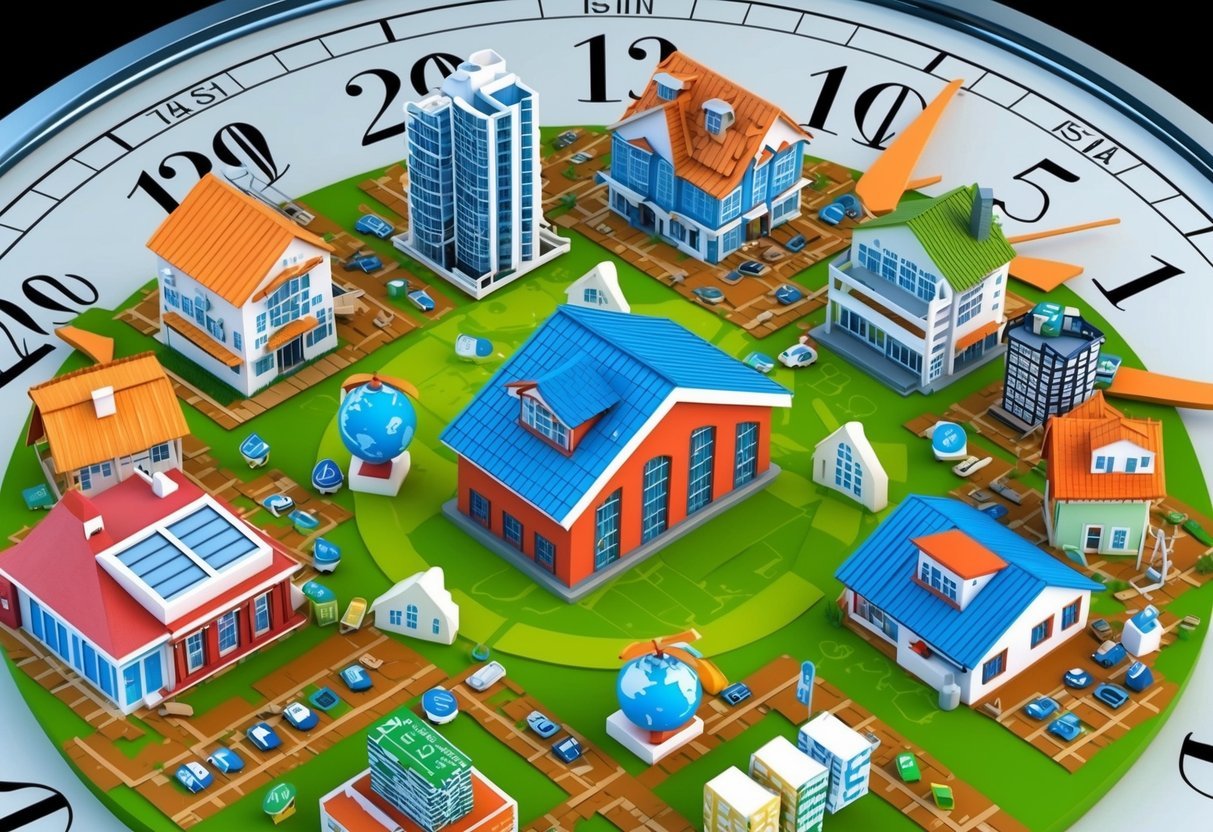 A bustling market with various real estate properties and investment symbols, surrounded by a clock showing different time zones