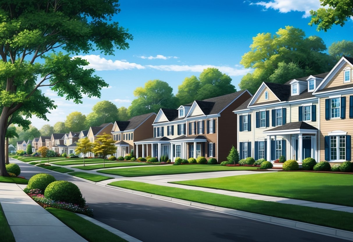 A serene suburban neighborhood with rows of well-kept houses and manicured lawns, surrounded by lush greenery and clear blue skies