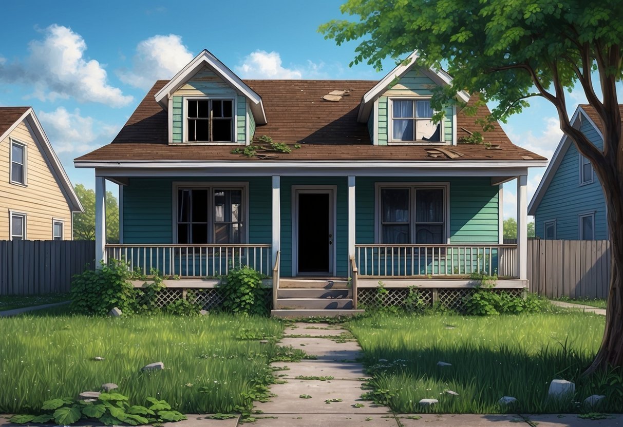 Dilapidated teal house with overgrown yard, damaged roof, and blue sky