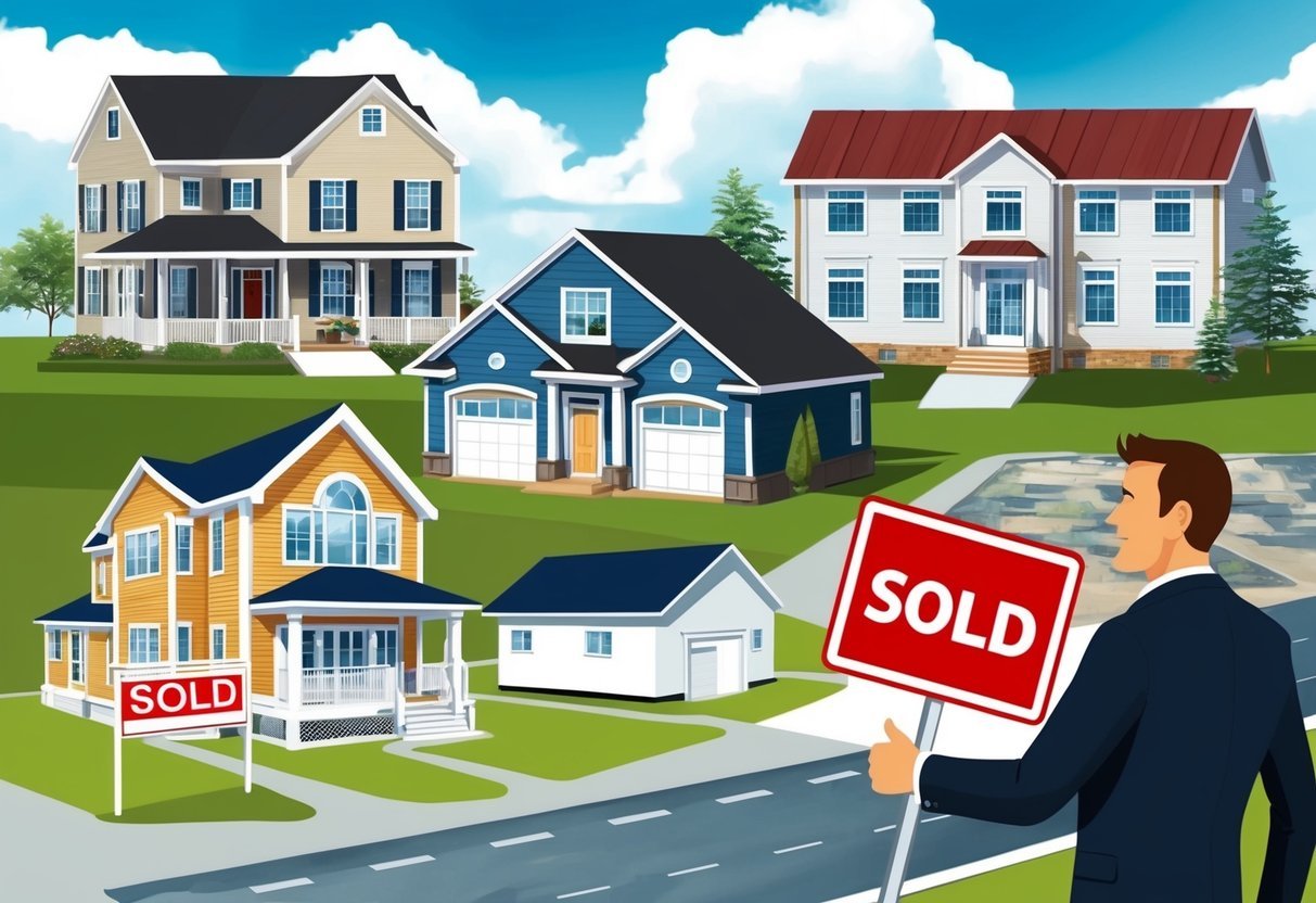 A group of diverse properties, including residential homes, commercial buildings, and vacant land, with "Sold" signs and successful investors shaking hands