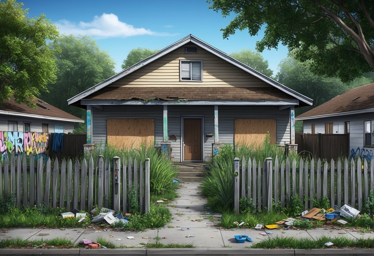 A run-down rental property surrounded by overgrown weeds, broken fences, and boarded-up windows, with graffiti covering the walls and trash littering the yard