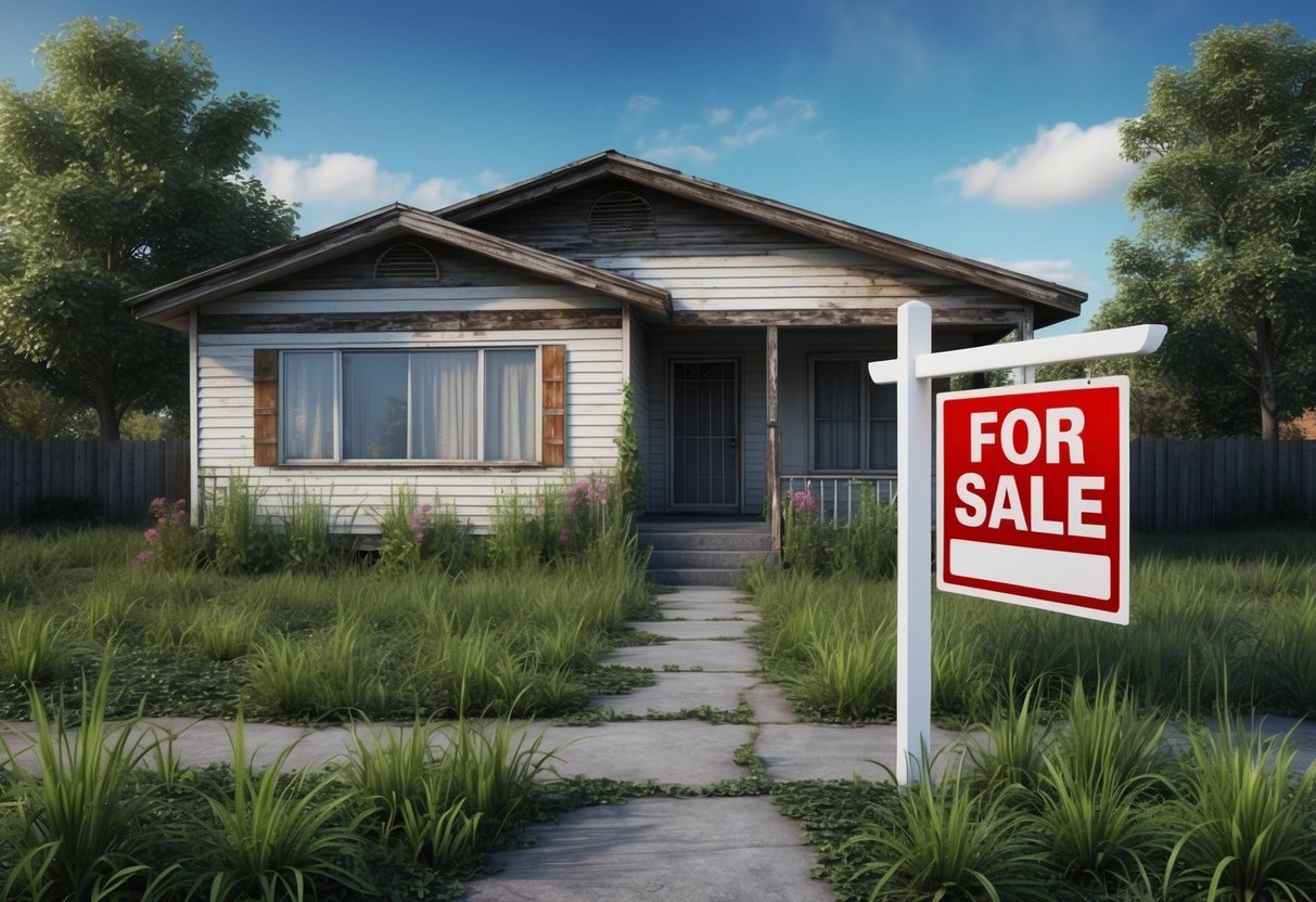 A worn-out rental property with a "For Sale" sign in the front yard, surrounded by overgrown grass and neglected landscaping