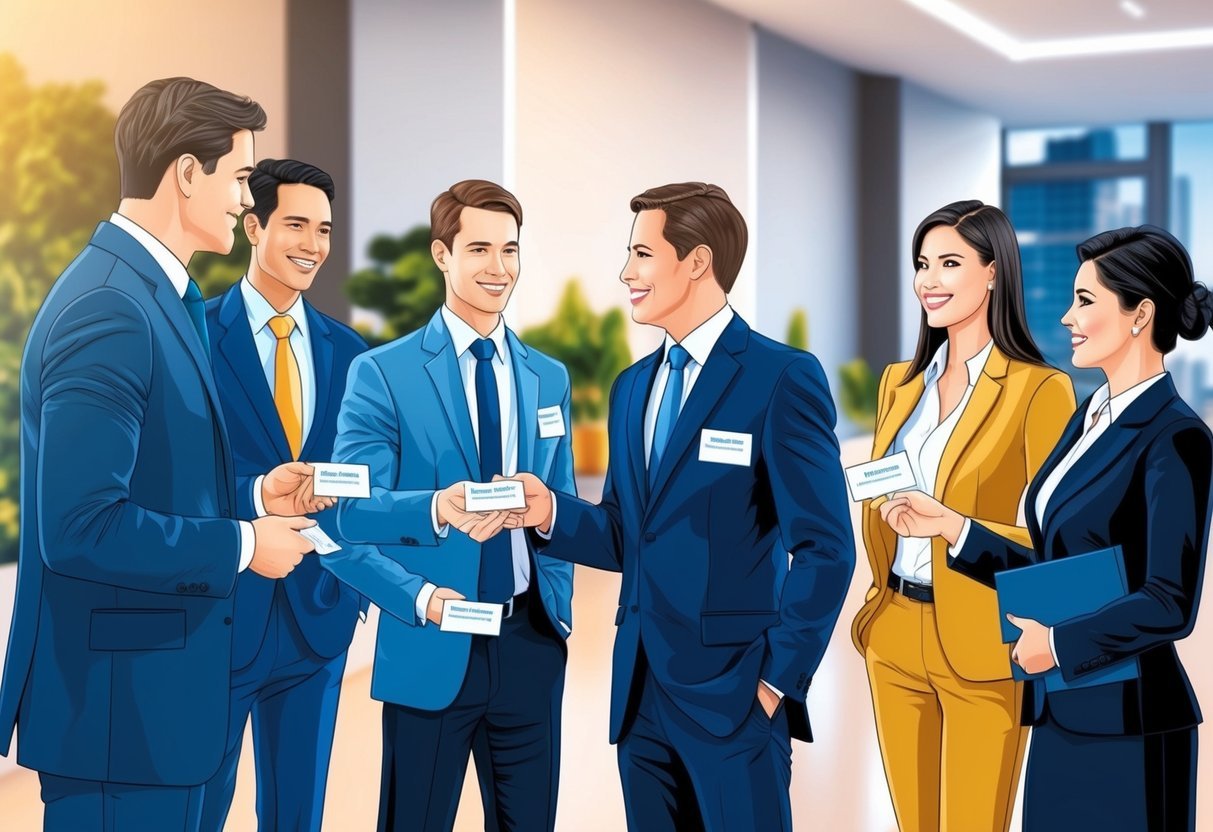 A group of real estate investors engage in conversation, exchanging business cards at a networking event.</p><p>They stand confidently, exuding professionalism and confidence