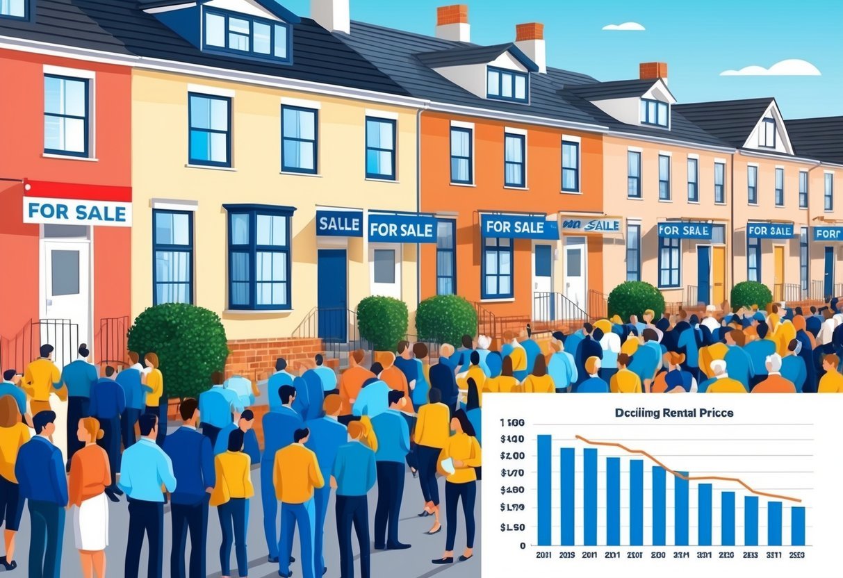 A row of houses with "For Sale" signs, a graph showing declining rental prices, and a crowd of potential buyers at a local market