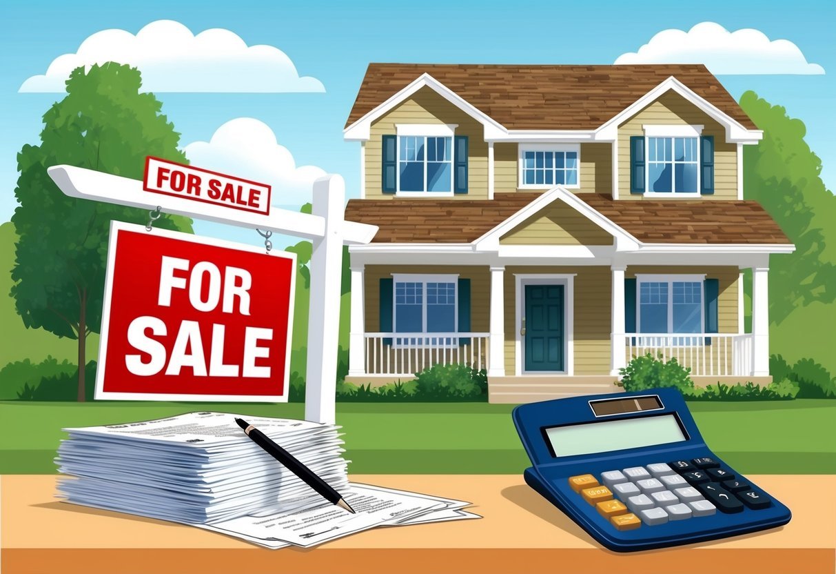 A rental property with a "For Sale" sign out front, a stack of paperwork on a table, and a calculator indicating financial considerations