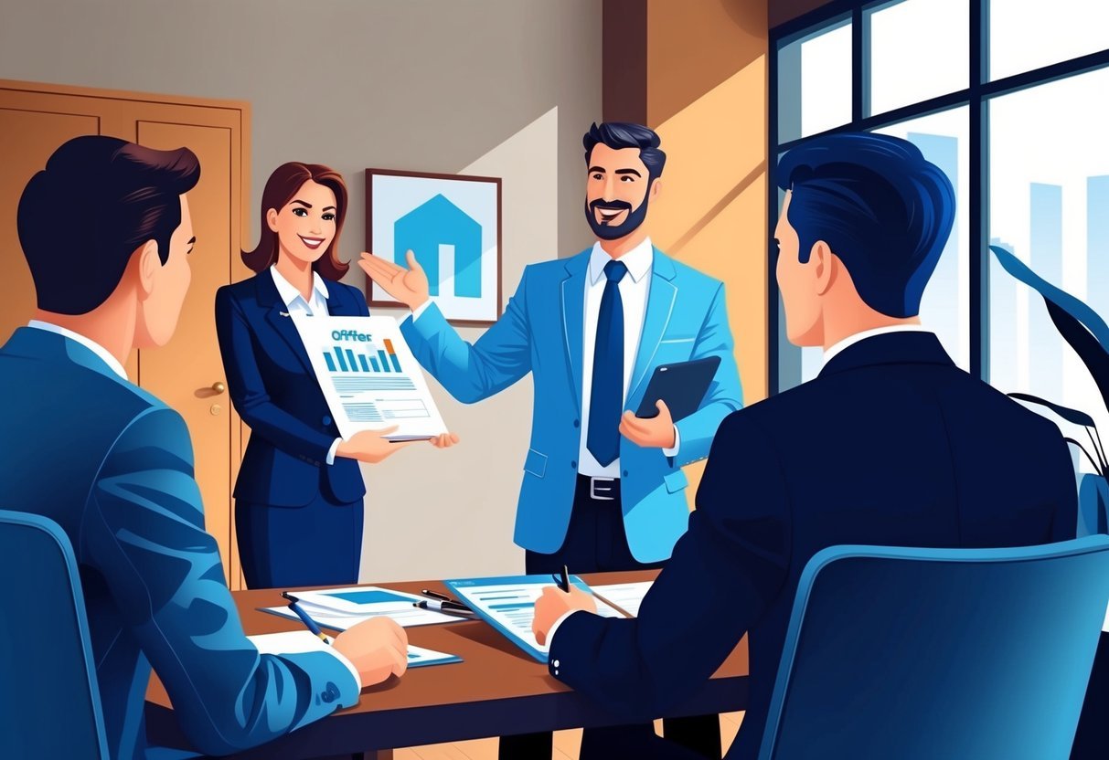 A real estate investor confidently presents an offer, while the other party listens attentively.</p><p>The atmosphere is professional and assertive