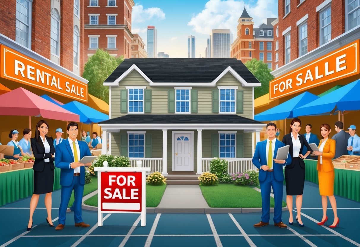 A rental property with a "For Sale" sign in front, surrounded by a bustling market, real estate agents, and interested buyers