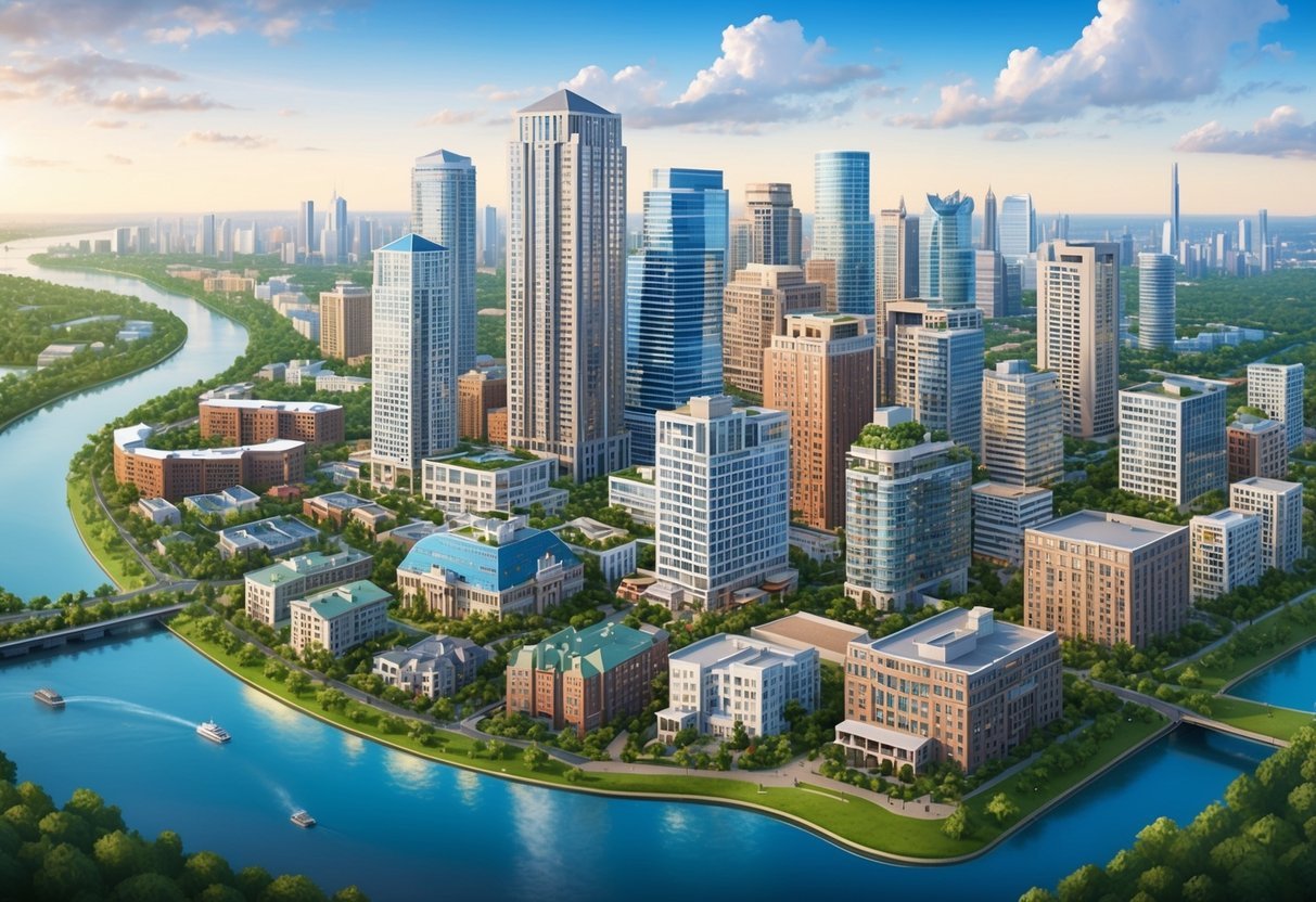 A bustling city skyline with various types of real estate properties, including residential, commercial, and industrial buildings, surrounded by greenery and waterways