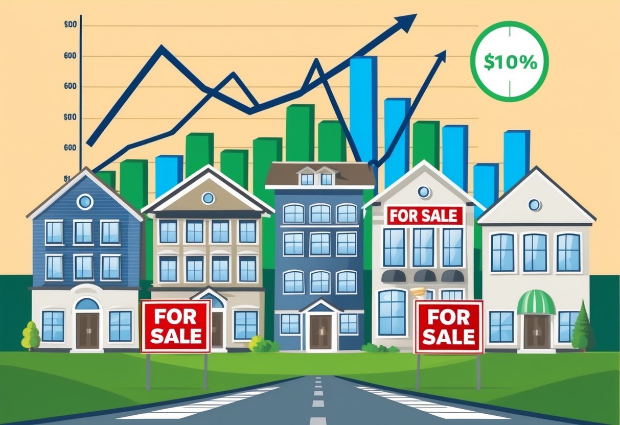 A group of real estate properties, including residential and commercial buildings, with "For Sale" signs displayed.</p><p>A chart showing financial growth and success in the background