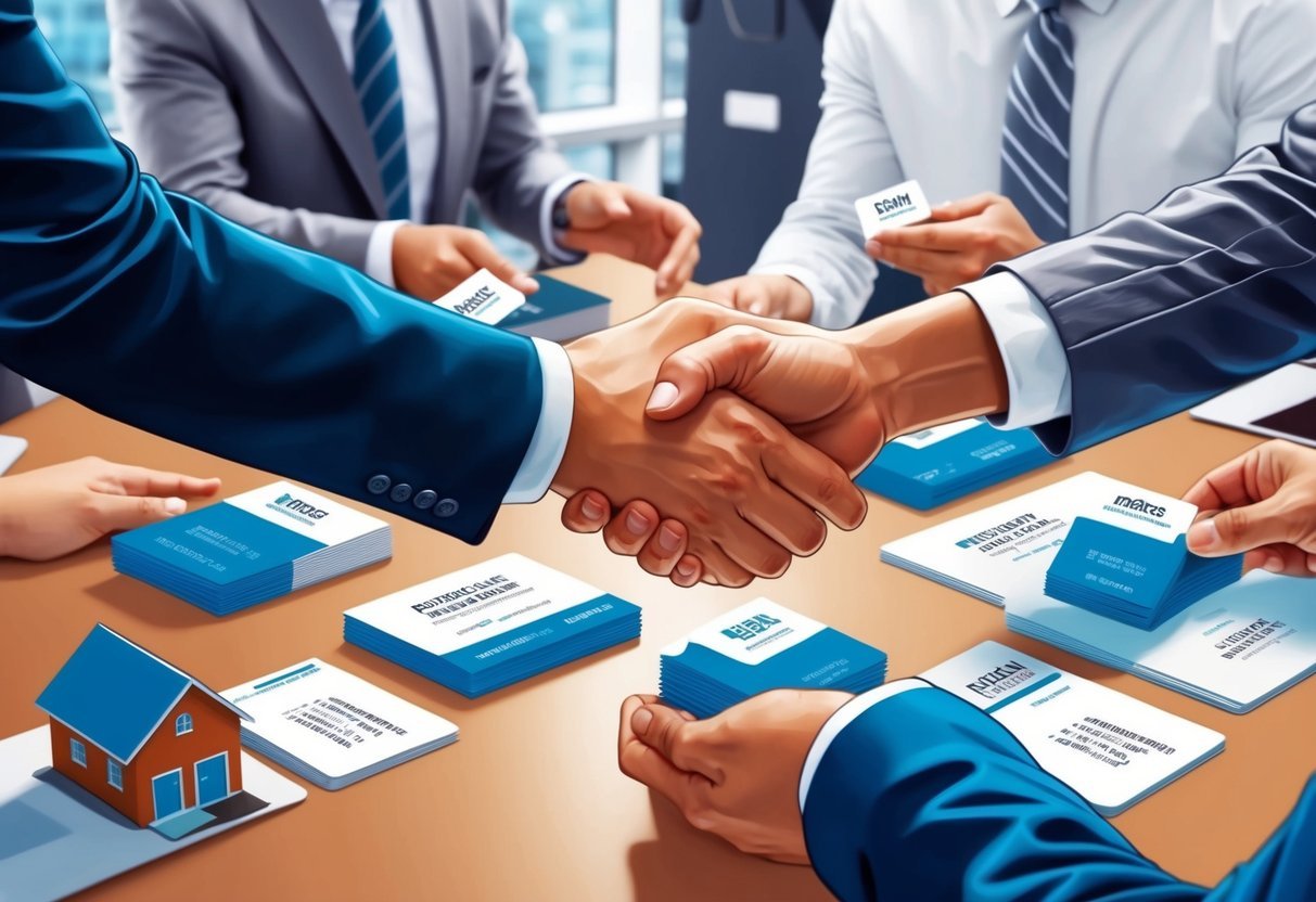 A group of real estate investors shaking hands, exchanging business cards, and discussing properties at a networking event