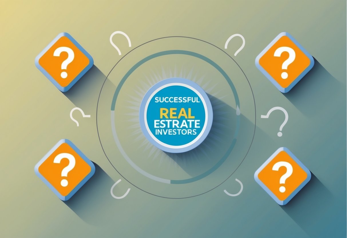 A group of five icons representing key traits of successful real estate investors, surrounded by question marks