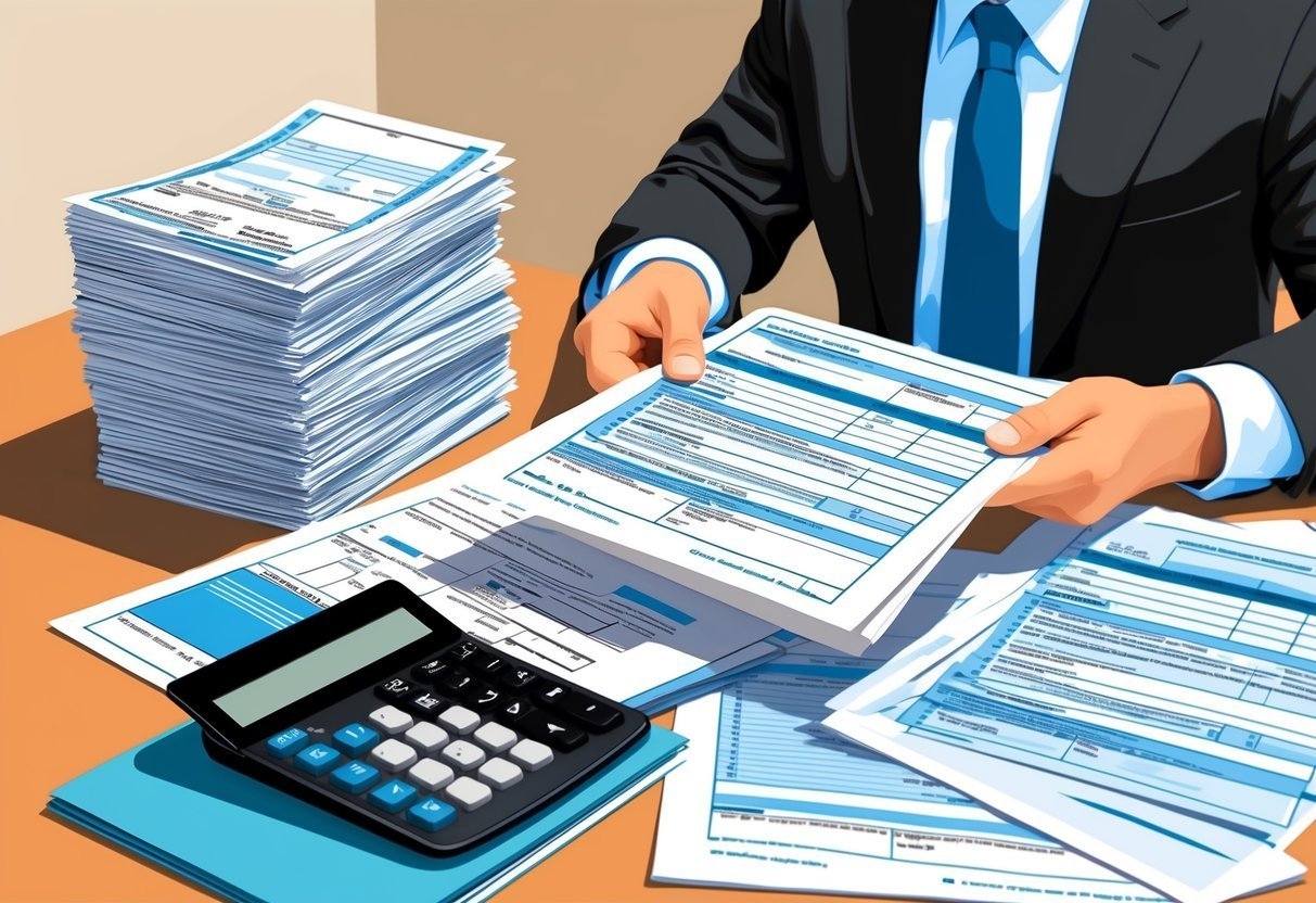 Man in suit reviewing paperwork with a calculator on the desk