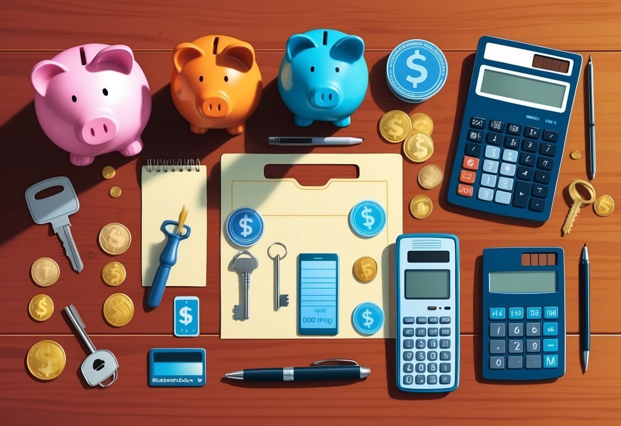 Piggy banks, coins, keys, calculators, and a folder on a wooden table