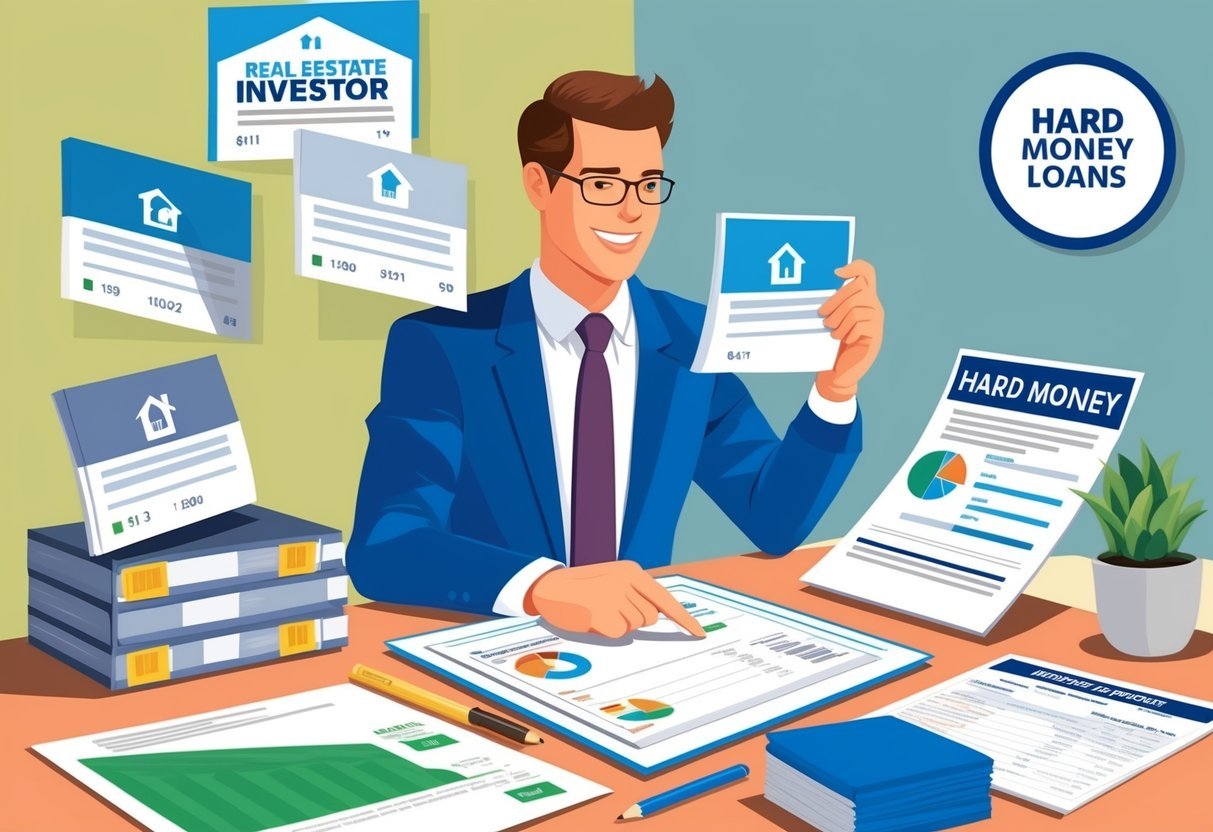 A real estate investor reviewing various financial options, including hard money loans, while looking at property listings and financial documents