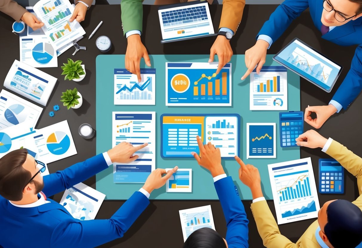 A group of people discussing real estate deals, surrounded by charts, graphs, and financial documents.</p><p>They are brainstorming and strategizing different ways to finance their partnerships