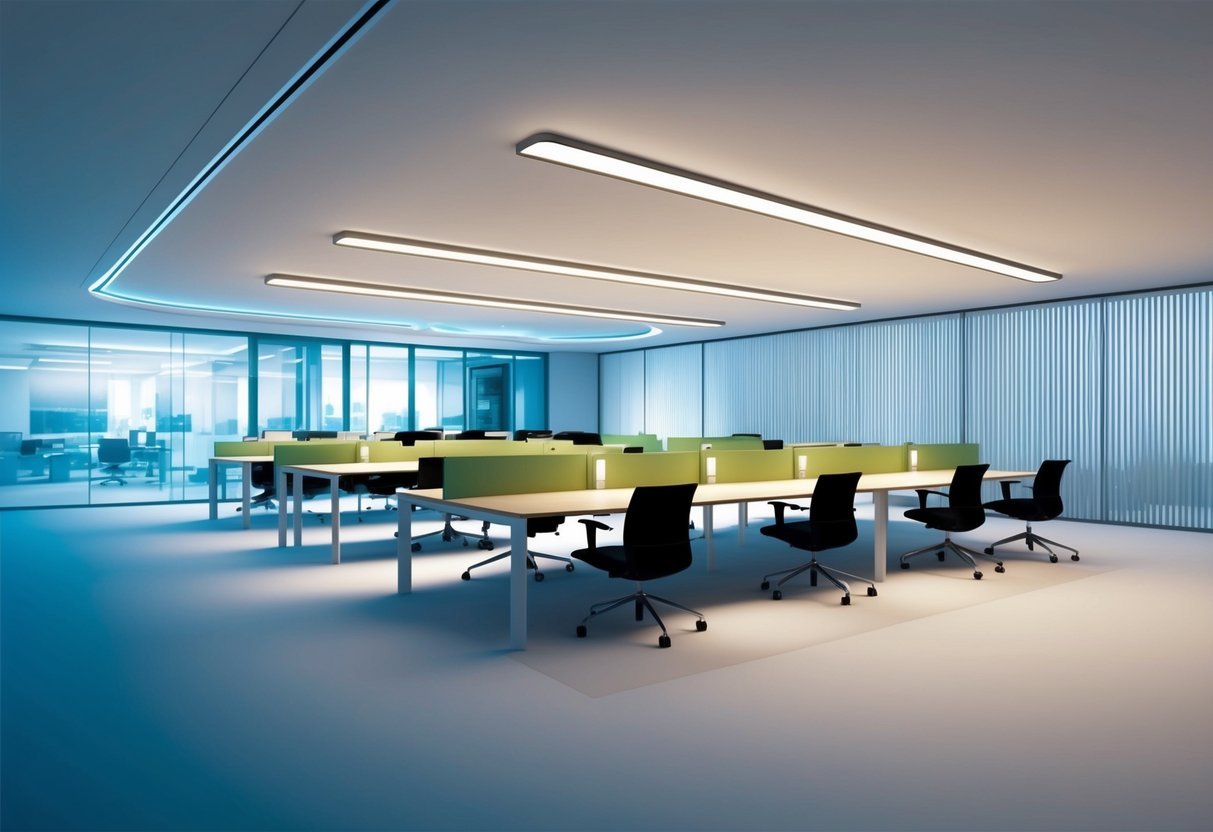 A modern office space with LED lighting fixtures illuminating the room, showcasing a sleek and energy-efficient design