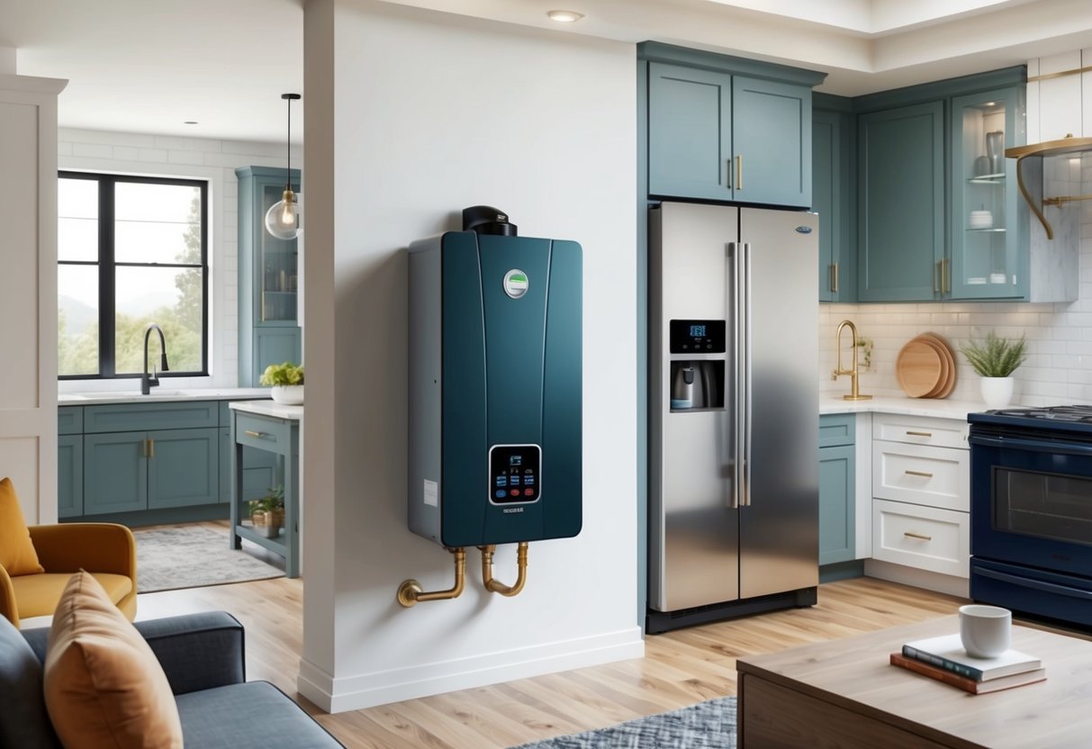 A modern, energy-efficient tankless water heater installed in a renovated real estate property, surrounded by updated fixtures and appliances