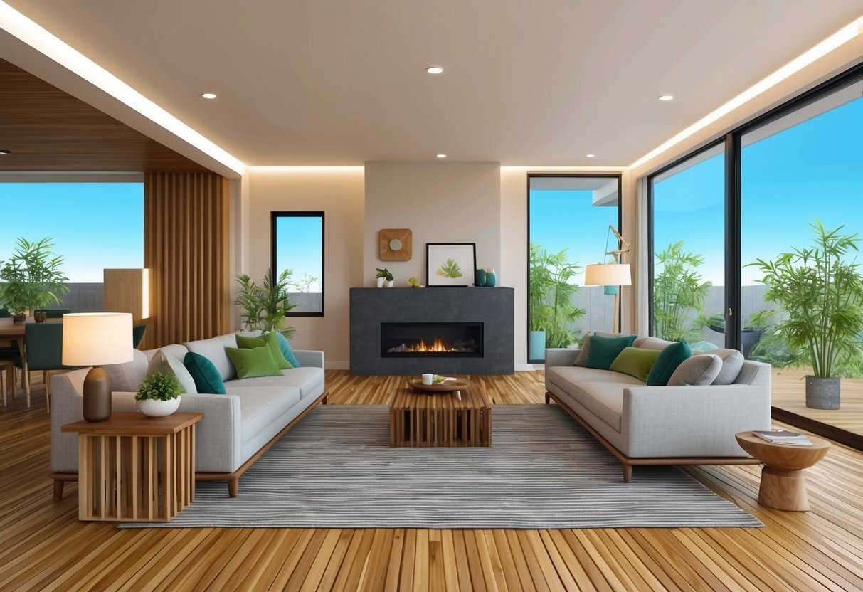 A modern living room with bamboo flooring, featuring cost-saving real estate renovations like energy-efficient lighting and recycled materials