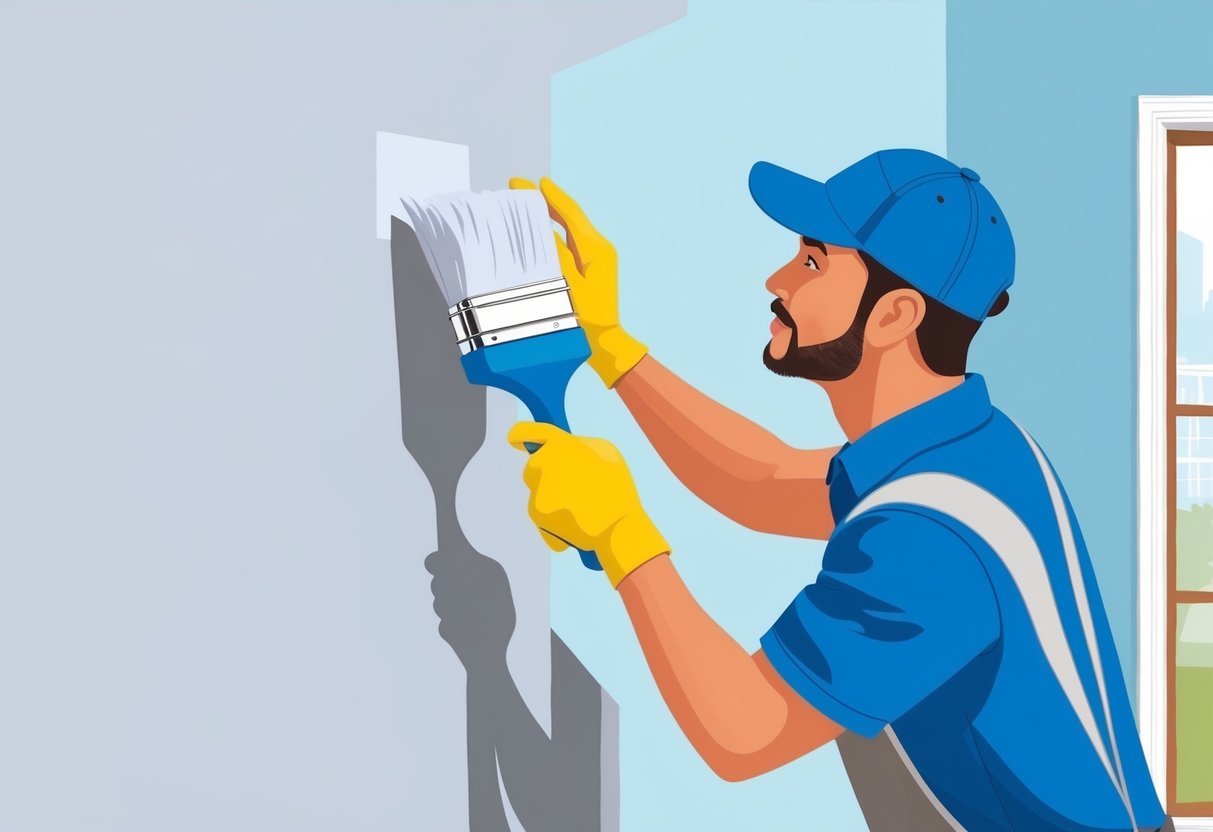 A painter using low-VOC paints to renovate a real estate property, carefully applying a fresh coat to the walls with precision and attention to detail