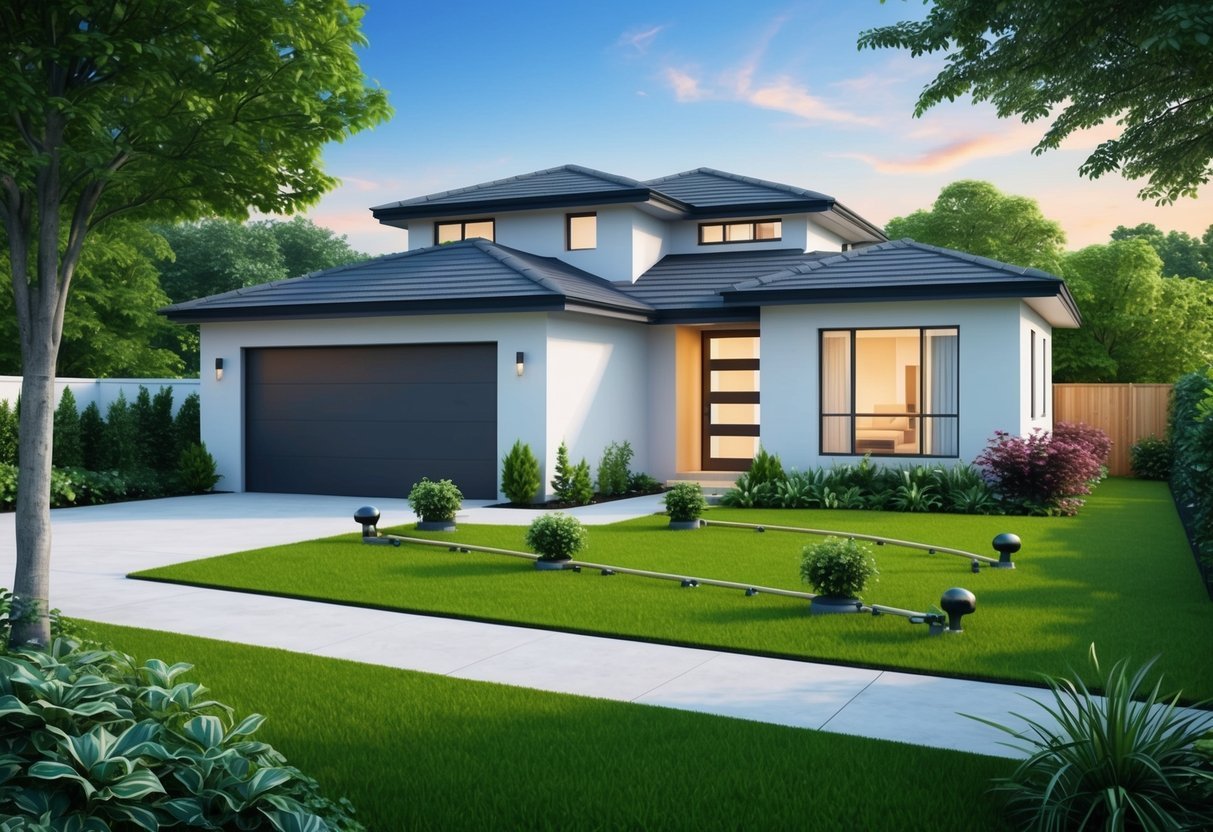 A modern home with a programmable sprinkler system, surrounded by lush green landscaping and a neatly maintained garden