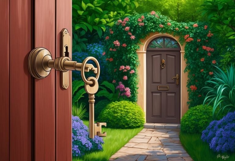 Open door with key, leading to a garden path and brown door