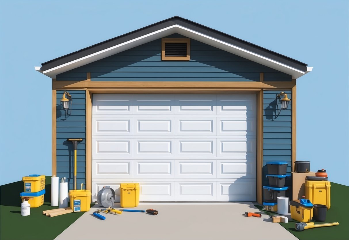 A garage with newly installed insulated doors, surrounded by tools and renovation materials, with a focus on energy-saving features