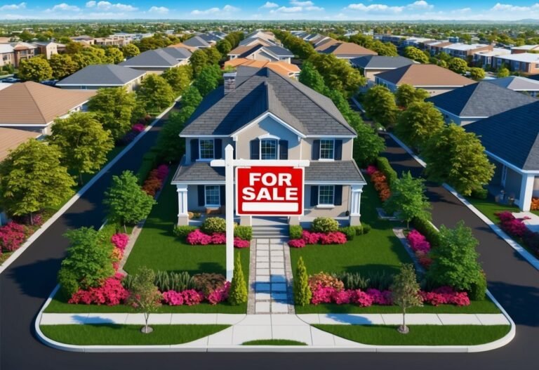 Aerial view of a house for sale in a suburban neighborhood