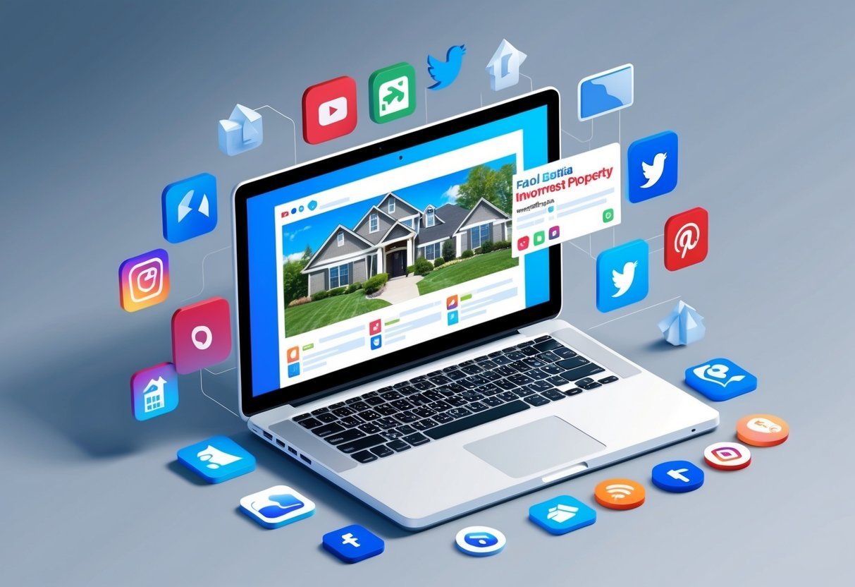 A laptop surrounded by various social media icons and graphics, with a real estate investment property being promoted on the screen