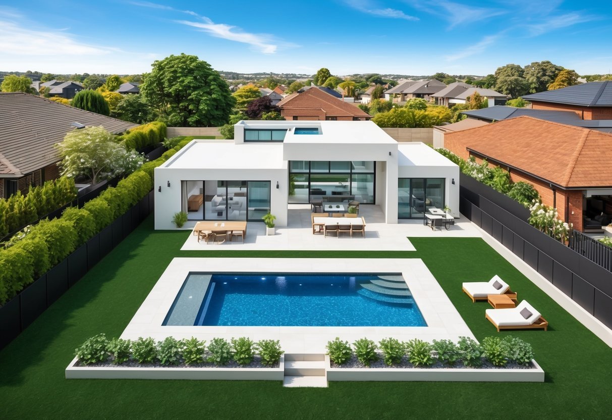 Aerial view of a modern real estate property with a lush green backyard, a sparkling swimming pool, and a spacious outdoor entertainment area