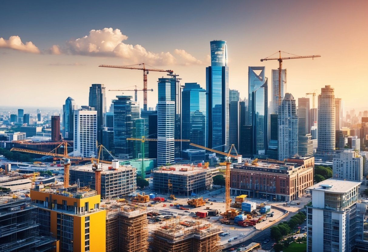 Cityscape with skyscrapers, construction cranes, and buildings under construction