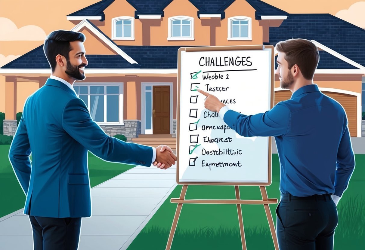 Two men shaking hands near a whiteboard with a "Challenges" list