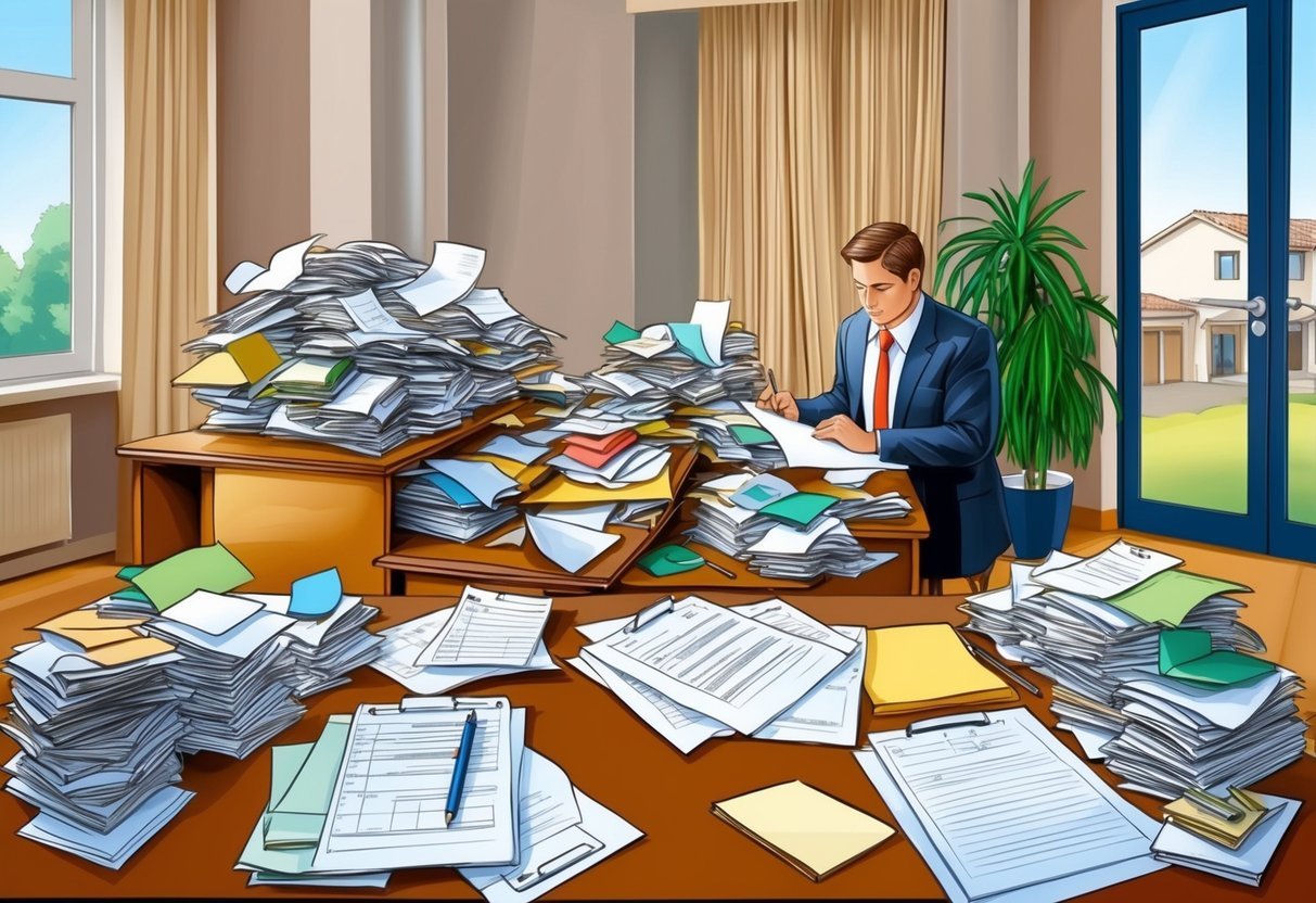 A cluttered desk with one side overflowing with paperwork while the other side remains empty, representing the unequal work distribution in a real estate partnership