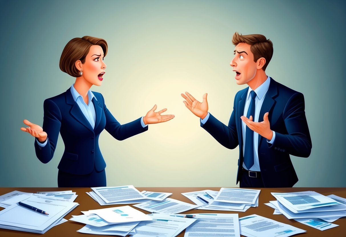 A real estate agent and a partner stand on opposite sides of a table, gesturing and speaking with frustrated expressions.</p><p>Papers and documents are scattered around, adding to the confusion