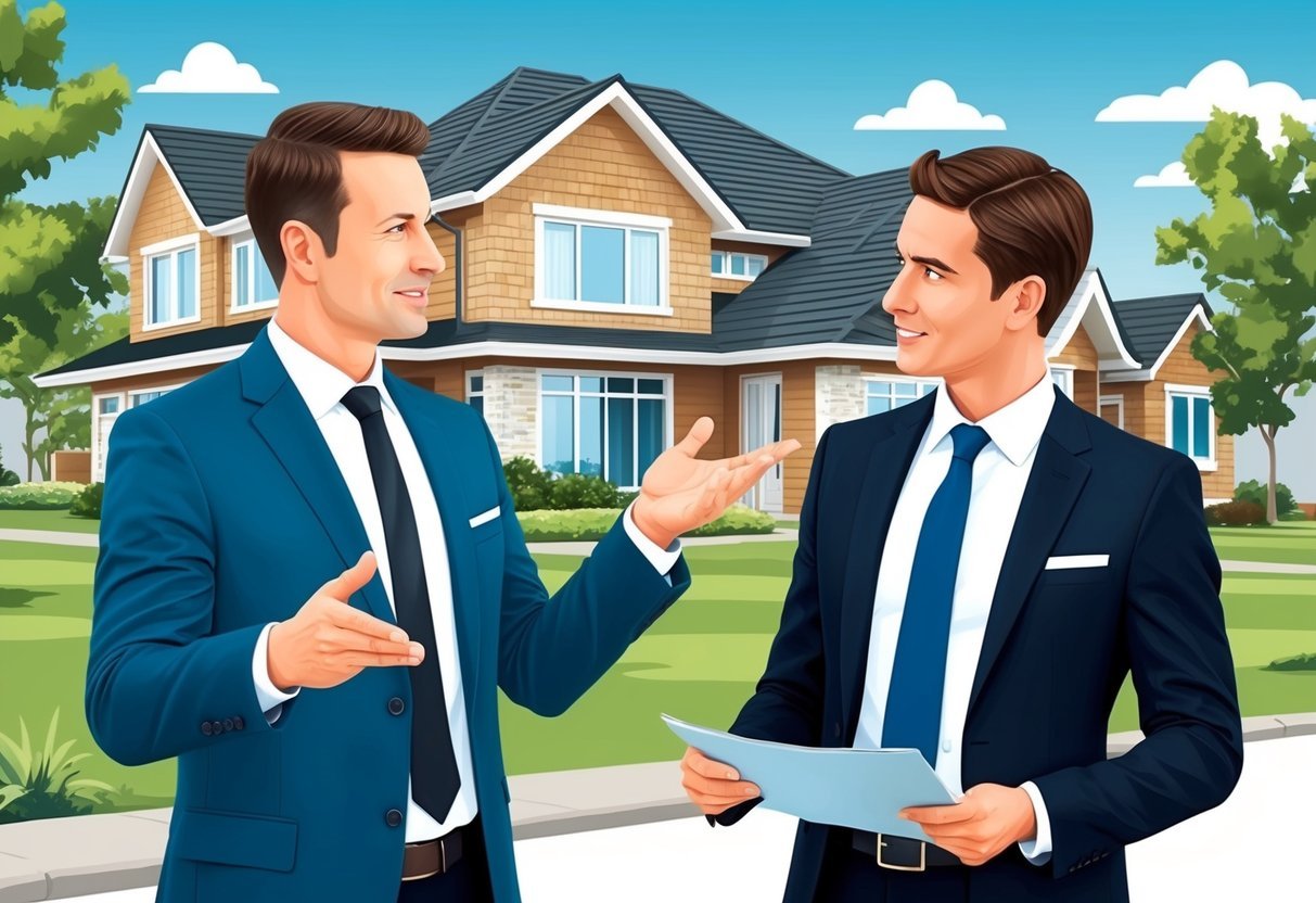 Two real estate partners discussing a property, one gesturing confidently while the other listens attentively, with a challenging property in the background