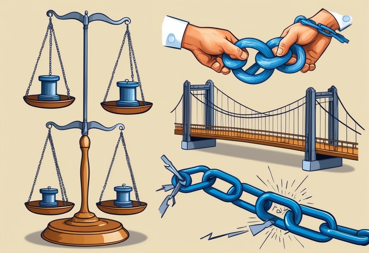 A scale with unbalanced weights, a tangled knot being untied, a bridge connecting two unequal sides, a puzzle being solved, a broken chain being repaired