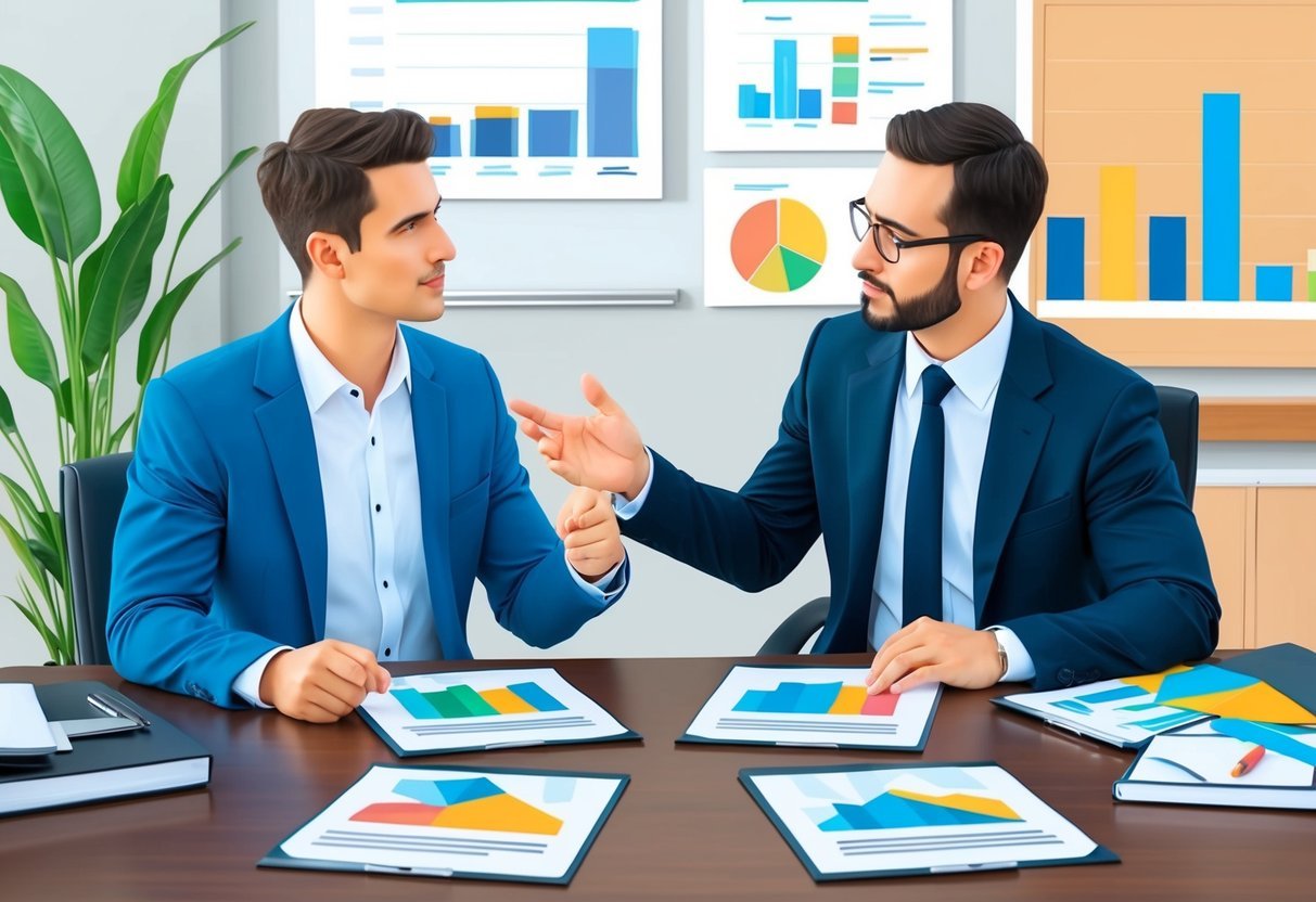 A real estate agent and a property developer discussing challenges and solutions at a conference table with charts and graphs