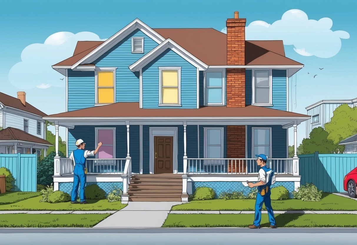 Two workers painting a blue house with brown roof and brick chimney