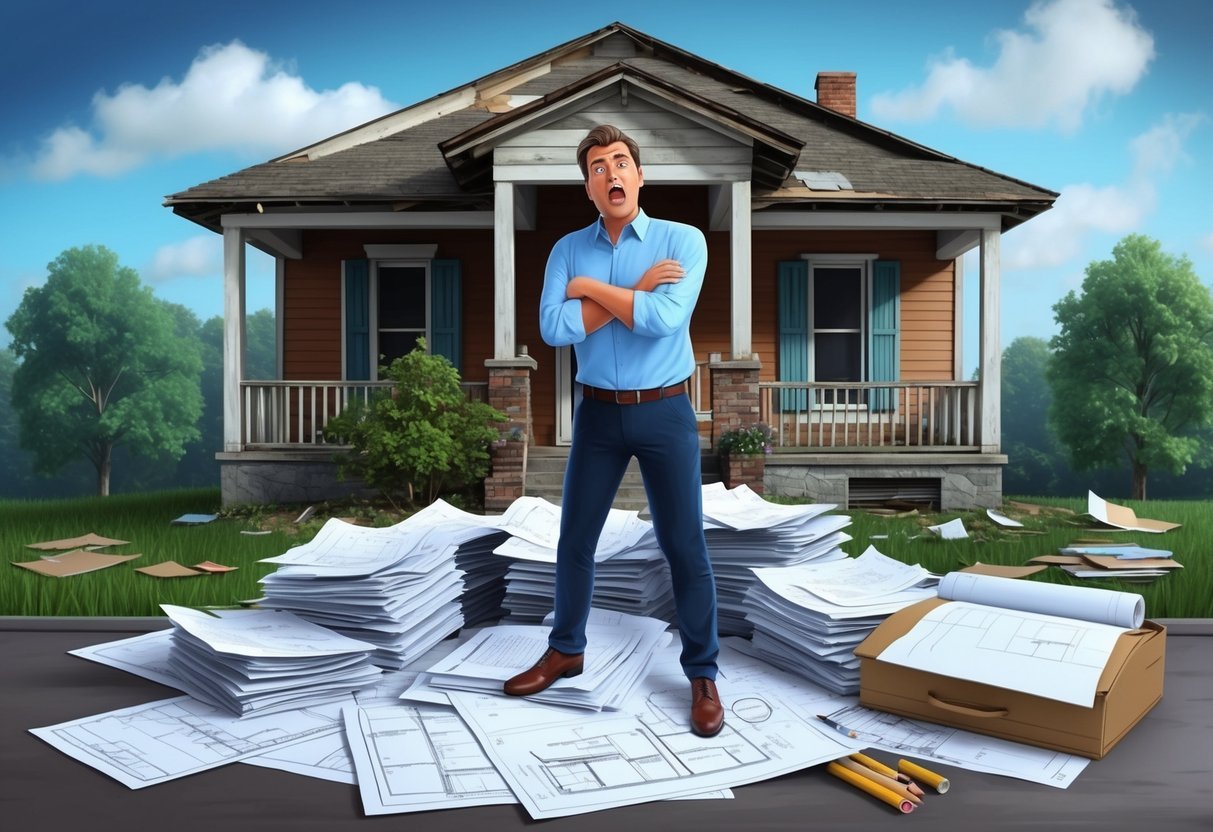 A person standing in front of a rundown property, surrounded by piles of paperwork and blueprints, looking frustrated and overwhelmed