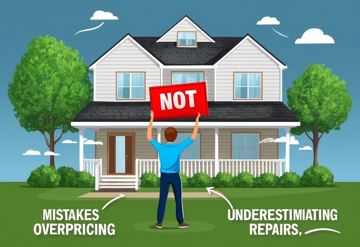 A person flipping a property without professional advice, making mistakes like overpricing, underestimating repairs, and rushing the process