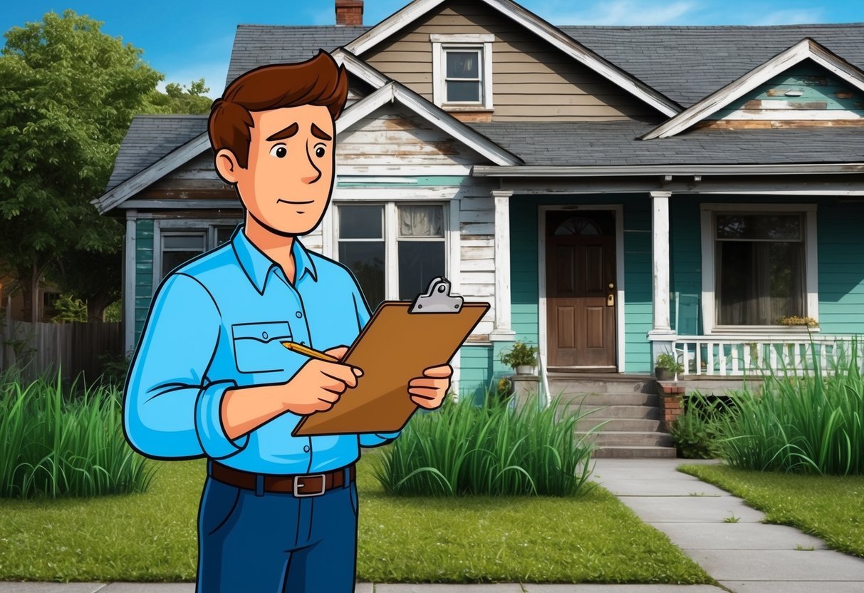 A person standing in front of a rundown house, holding a clipboard and looking at the property with a concerned expression.</p><p>The house has peeling paint and overgrown weeds in the yard