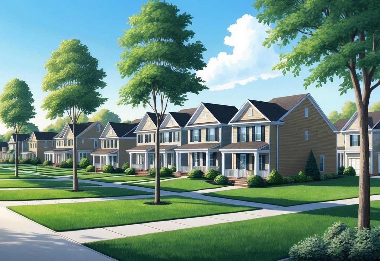 A serene suburban neighborhood with rows of well-maintained houses, green lawns, and mature trees, evoking a sense of stability and long-term investment potential