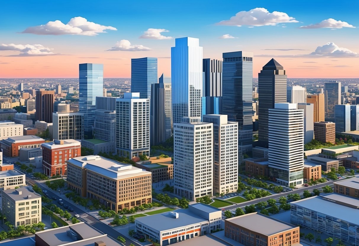 A bustling city skyline with various real estate investment opportunities such as rental properties, commercial buildings, and development projects